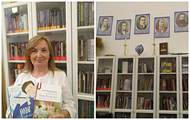 Надія Семеген в приміщенні української бібліотеки