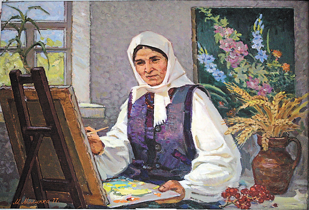Картина Натхнення художника М.Малинка на якій зображена Катерина Білокур за роботою