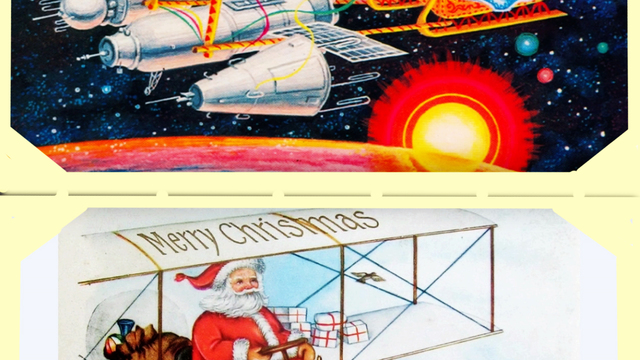 Новорічні та різдвяні листівки: Транспорт Санта Клауса та Діда Мороза